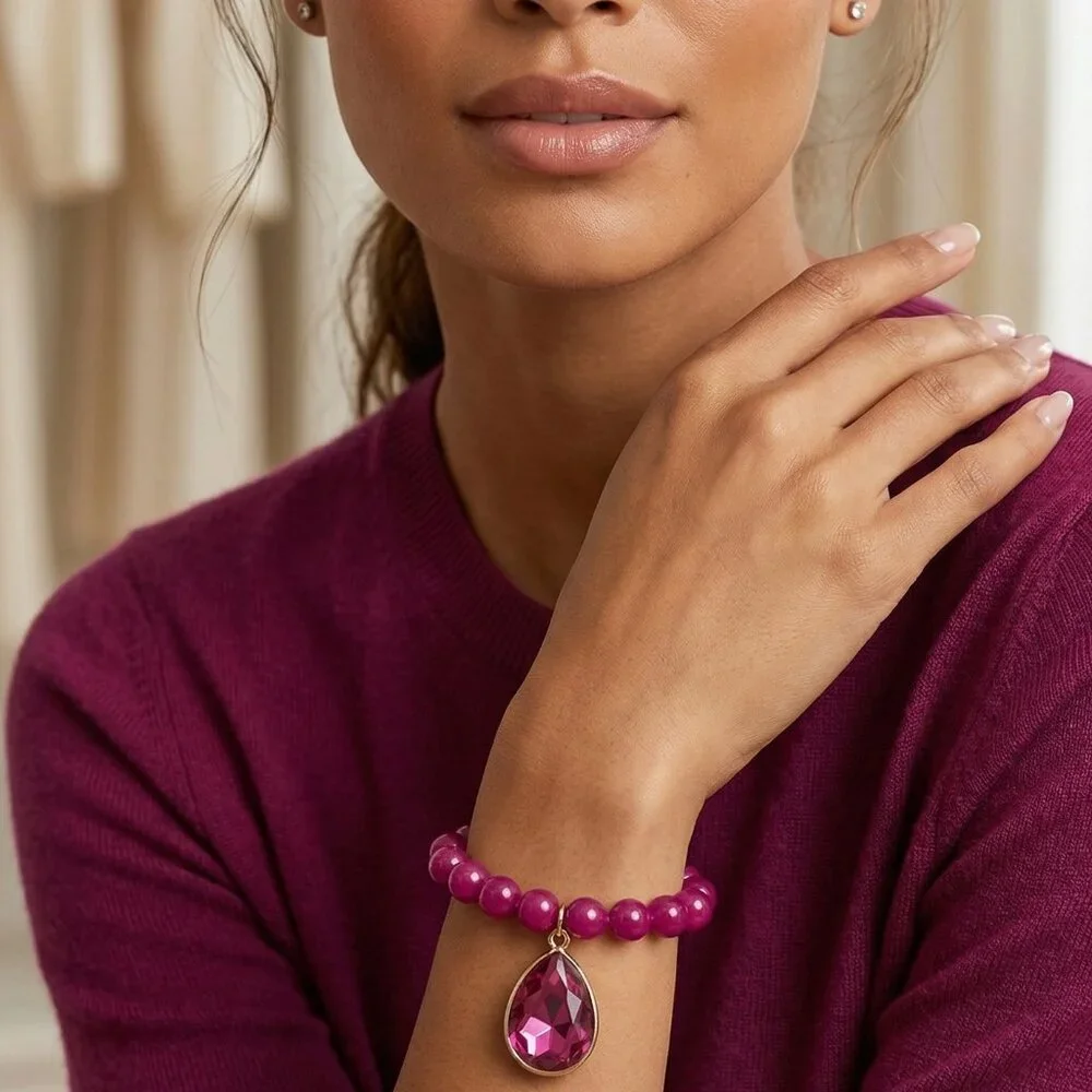 Magenta Beaded Stretch Bracelet with Teardrop Crystal Charm - Picture 4 of 5